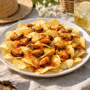 Receta fácil de primavera con patatas fritas y mejillones